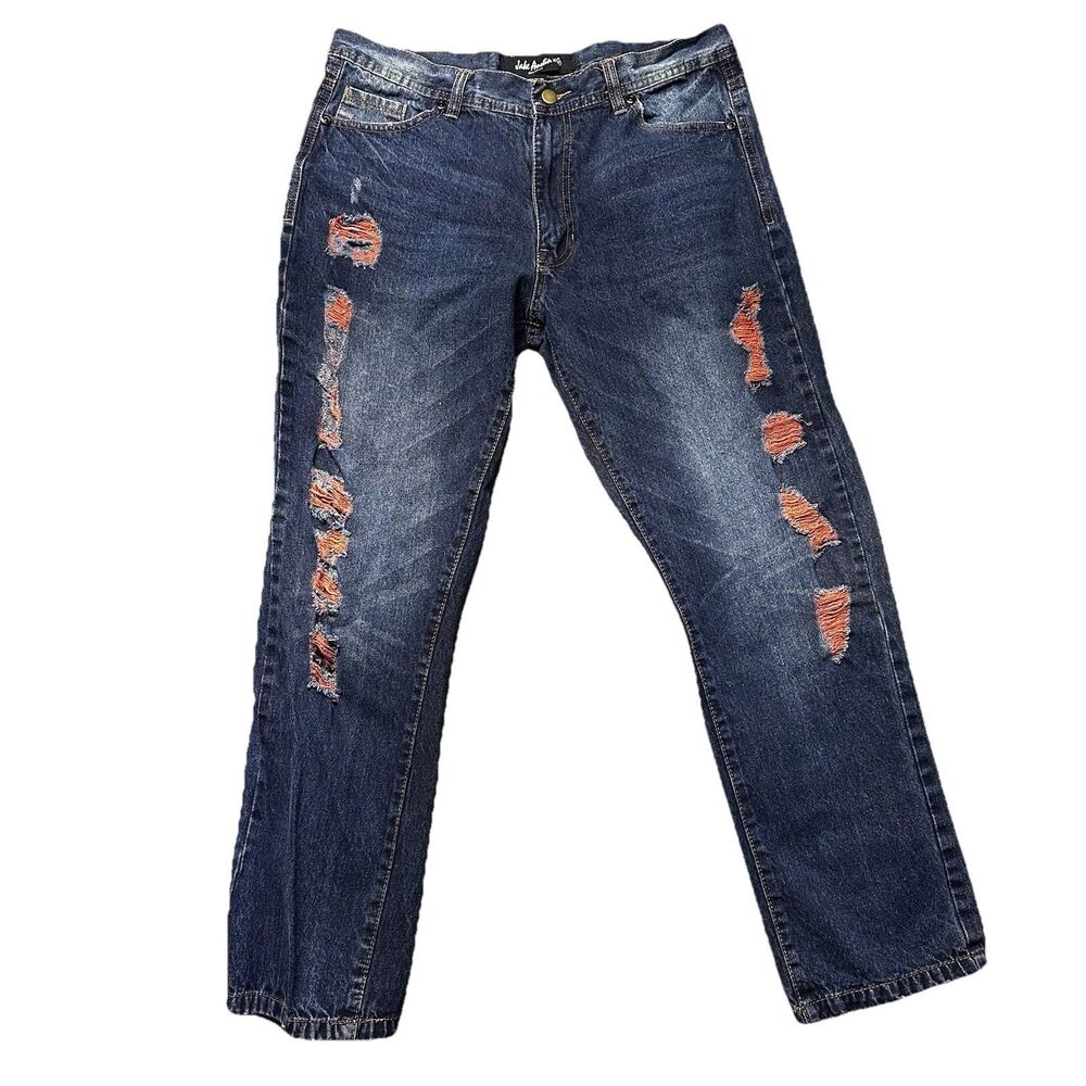 Jake Austin Mens 34x30 Straight Leg Jeans Blue Distressed Ripped Denim EUC
